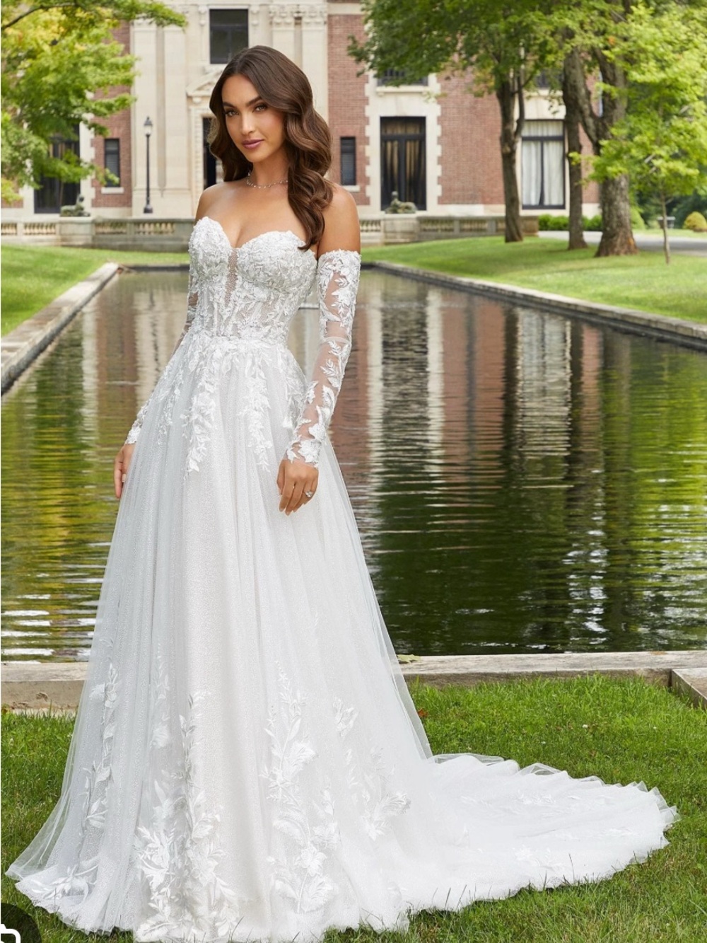 Mori Lee White Off-Shoulder Lace A-Line Bridal Gown